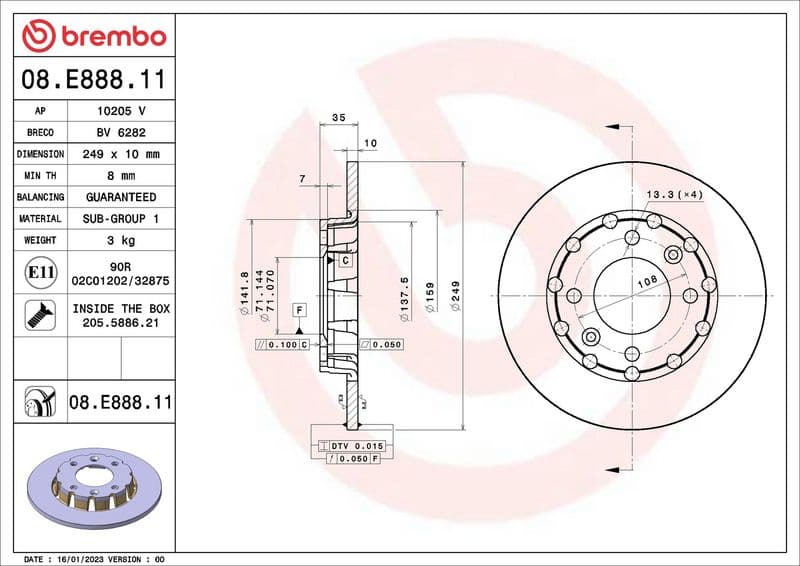 Disc frana BREMBO PRIME LINE - UV Coated 08.E888.11