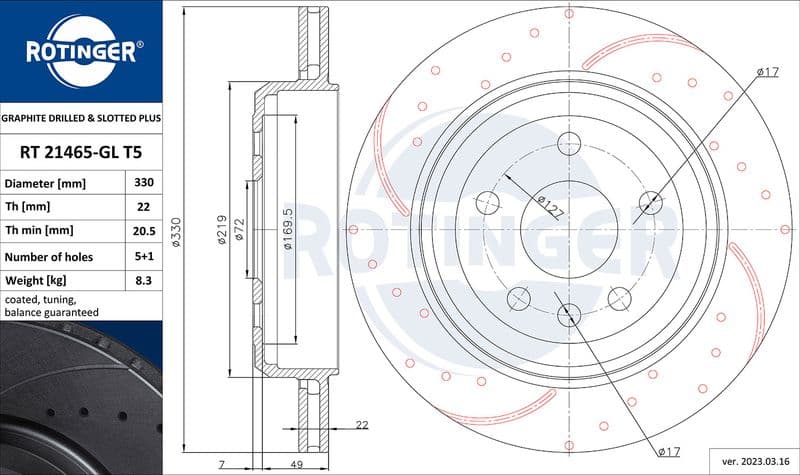 Disc frana ROTINGER GRAPHITE DRILLED & SLOTTED PLUS RT 21465-GL T5
