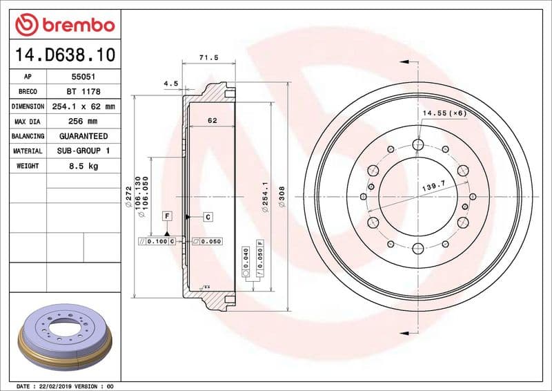 Tambur frana BREMBO ESSENTIAL LINE 14.D638.10
