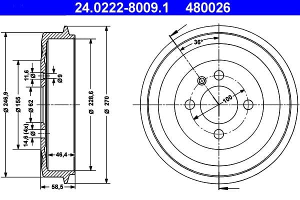Tambur frana ATE 24.0222-8009.1