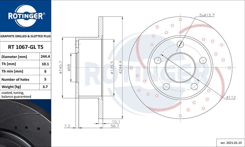 Disc frana ROTINGER GRAPHITE DRILLED & SLOTTED PLUS RT 1067-GL T5