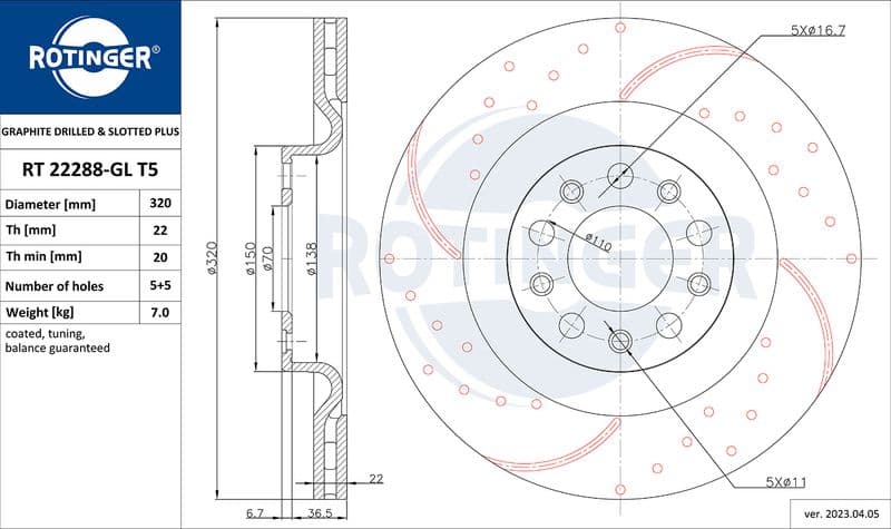 Disc frana ROTINGER GRAPHITE DRILLED & SLOTTED PLUS RT 22288-GL T5