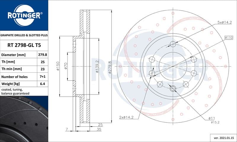 Disc frana ROTINGER GRAPHITE DRILLED & SLOTTED PLUS RT 2798-GL T5