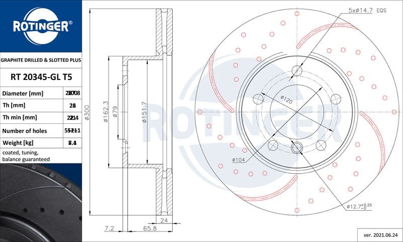 Disc frana ROTINGER GRAPHITE DRILLED & SLOTTED PLUS RT 20345-GL T5