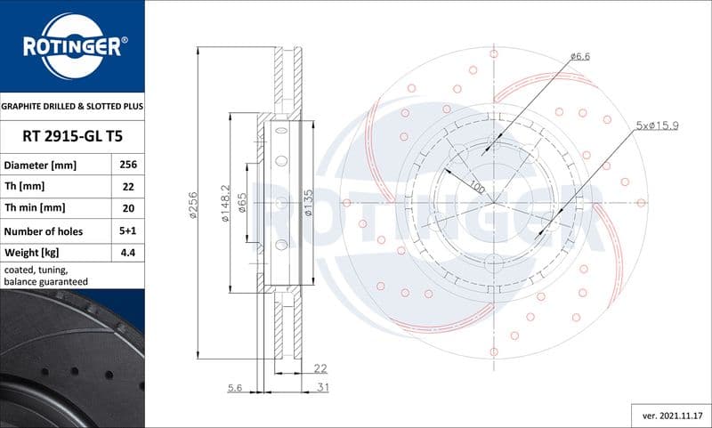 Disc frana ROTINGER GRAPHITE DRILLED & SLOTTED PLUS RT 2915-GL T5