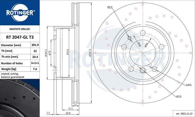 Disc frana ROTINGER GRAPHITE DRILLED RT 2047-GL T3