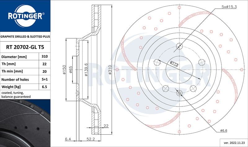 Disc frana ROTINGER GRAPHITE DRILLED & SLOTTED PLUS RT 20702-GL T5