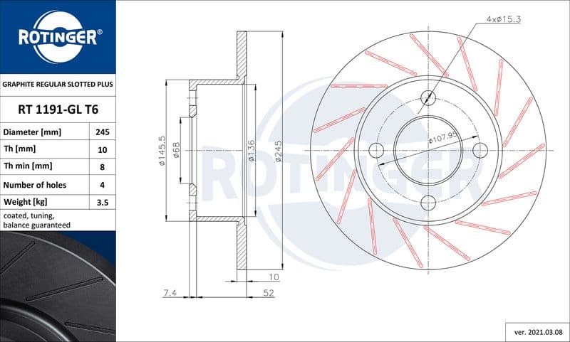 Disc frana ROTINGER GRAPHITE REGULAR SLOTTED PLUS RT 1191-GL T6