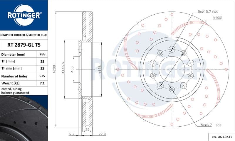 Disc frana ROTINGER GRAPHITE DRILLED & SLOTTED PLUS RT 2879-GL T5