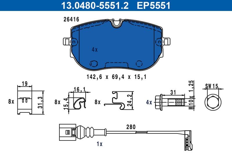 set placute frana,frana disc ATE New Original 13.0480-5551.2