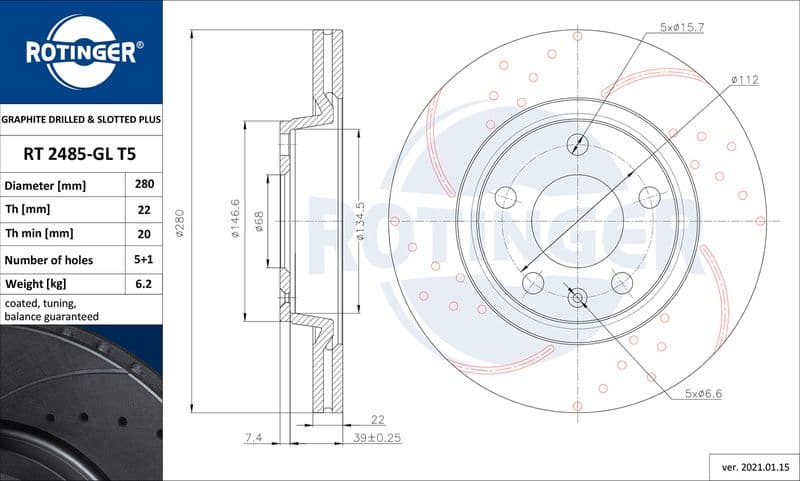Disc frana ROTINGER GRAPHITE DRILLED & SLOTTED PLUS RT 2485-GL T5