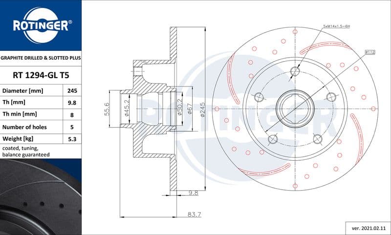 Disc frana ROTINGER GRAPHITE DRILLED & SLOTTED PLUS RT 1294-GL T5