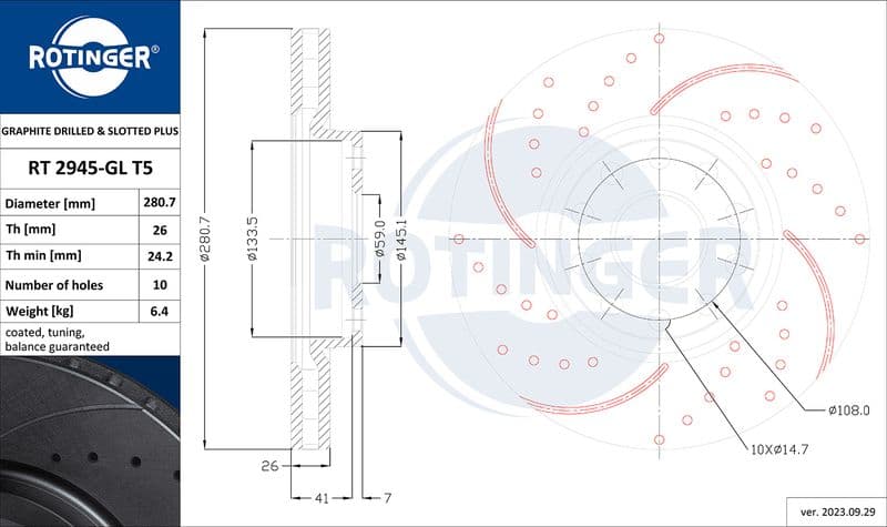 Disc frana ROTINGER GRAPHITE DRILLED & SLOTTED PLUS RT 2945-GL T5