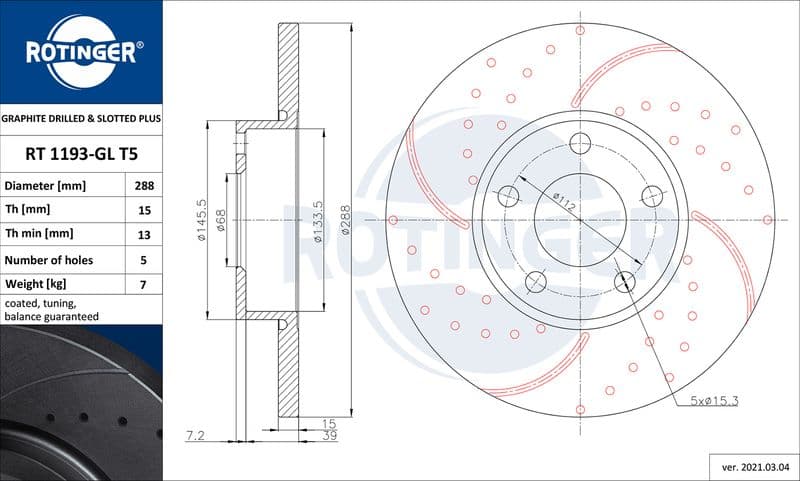 Disc frana ROTINGER GRAPHITE DRILLED & SLOTTED PLUS RT 1193-GL T5