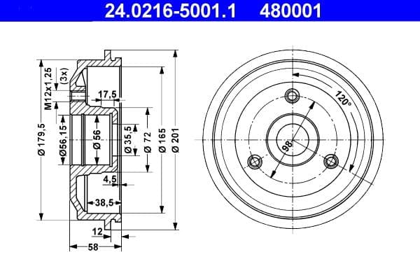 Tambur frana ATE 24.0216-5001.1