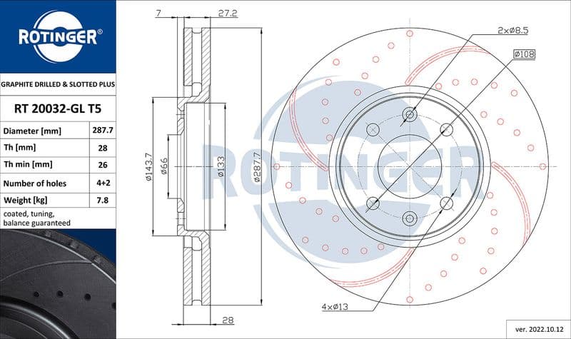 Disc frana ROTINGER GRAPHITE DRILLED & SLOTTED PLUS RT 20032-GL T5