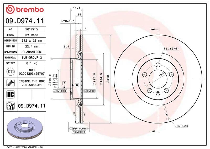 Disc frana BREMBO PRIME LINE - UV Coated 09.D974.11