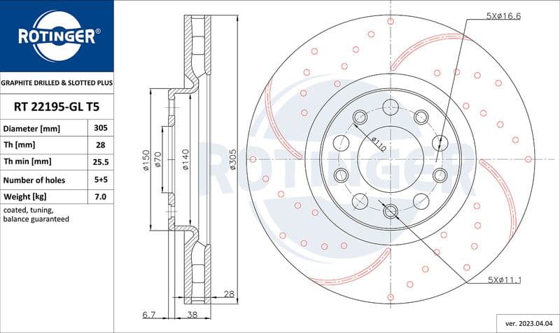Disc frana ROTINGER GRAPHITE DRILLED & SLOTTED PLUS RT 22195-GL T5