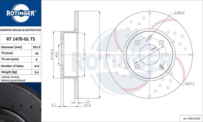 Disc frana ROTINGER GRAPHITE DRILLED & SLOTTED PLUS RT 1470-GL T5