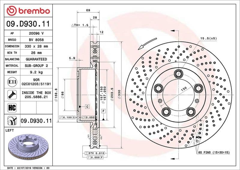 Disc frana BREMBO PRIME LINE - UV Coated 09.D930.11