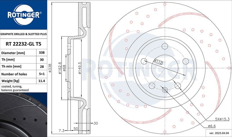 Disc frana ROTINGER GRAPHITE DRILLED & SLOTTED PLUS RT 22232-GL T5