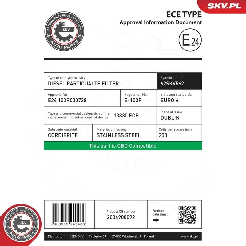 Filtru funingine/particule, sist.de esapament ESEN SKV 62SKV562