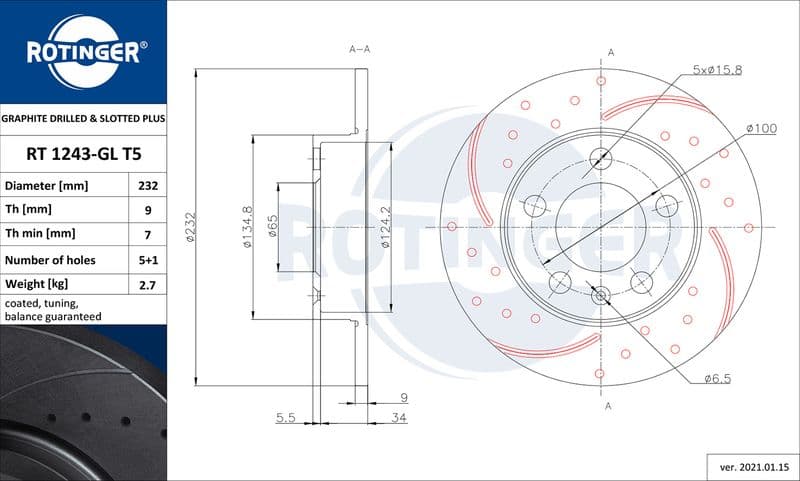 Disc frana ROTINGER GRAPHITE DRILLED & SLOTTED PLUS RT 1243-GL T5