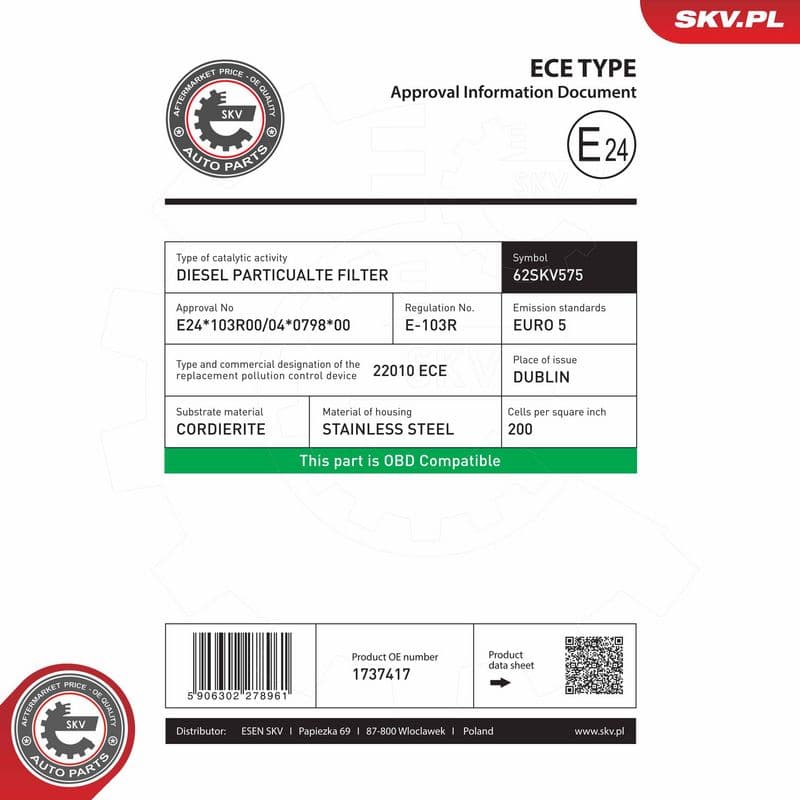 Filtru funingine/particule, sist.de esapament ESEN SKV 62SKV575