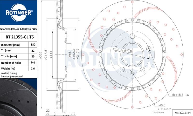 Disc frana ROTINGER GRAPHITE DRILLED & SLOTTED PLUS RT 21355-GL T5