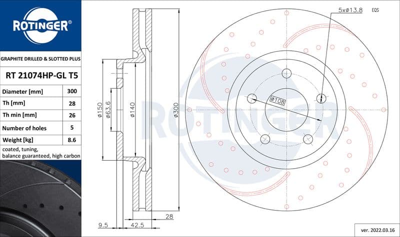 Disc frana ROTINGER GRAPHITE DRILLED & SLOTTED PLUS RT 21074HP-GL T5