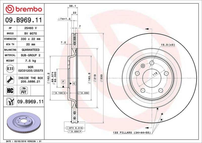 Disc frana BREMBO PRIME LINE - UV Coated 09.B969.11