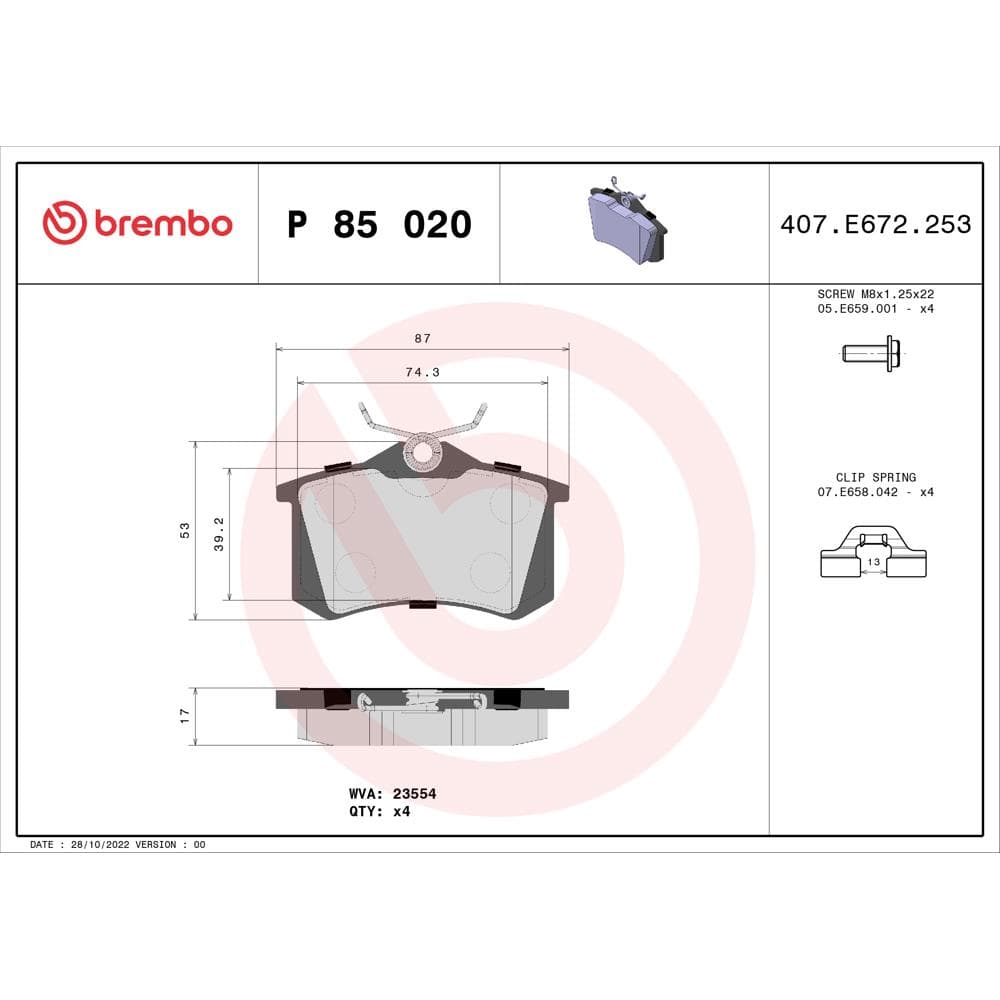 Set placute frana disc BREMBO P 85 020