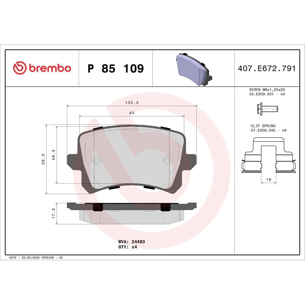 Set placute frana disc BREMBO P 85 109