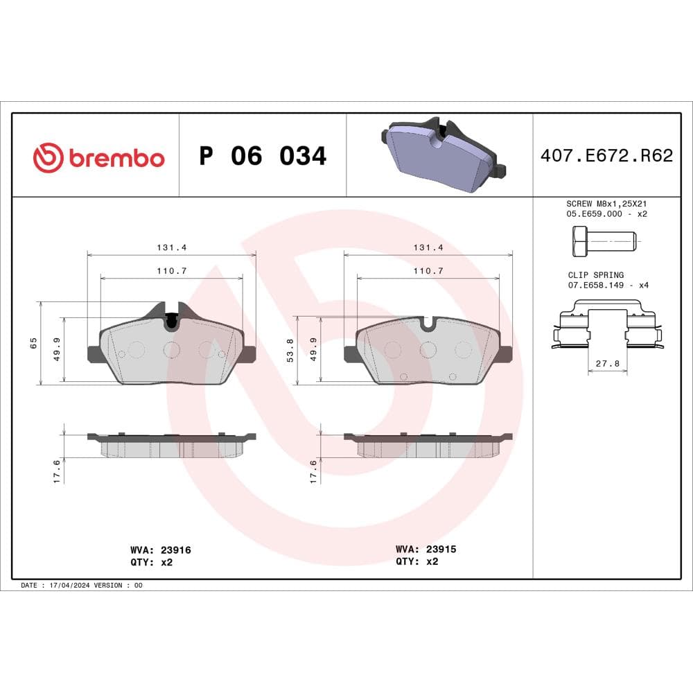 Set placute frana disc BREMBO P 06 034