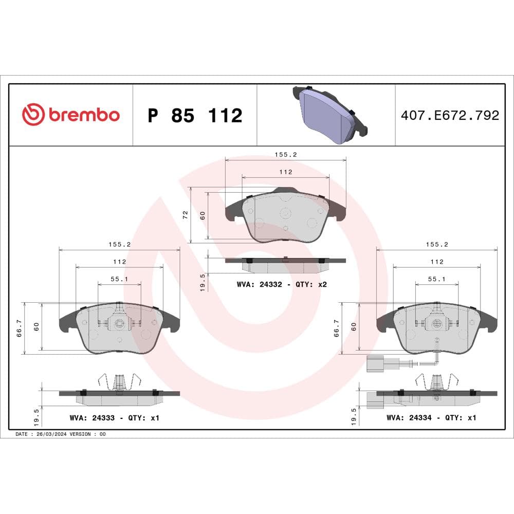 Set placute frana disc BREMBO P 85 112
