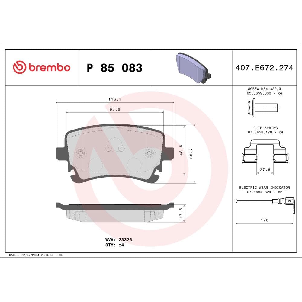 Set placute frana disc BREMBO P 85 083