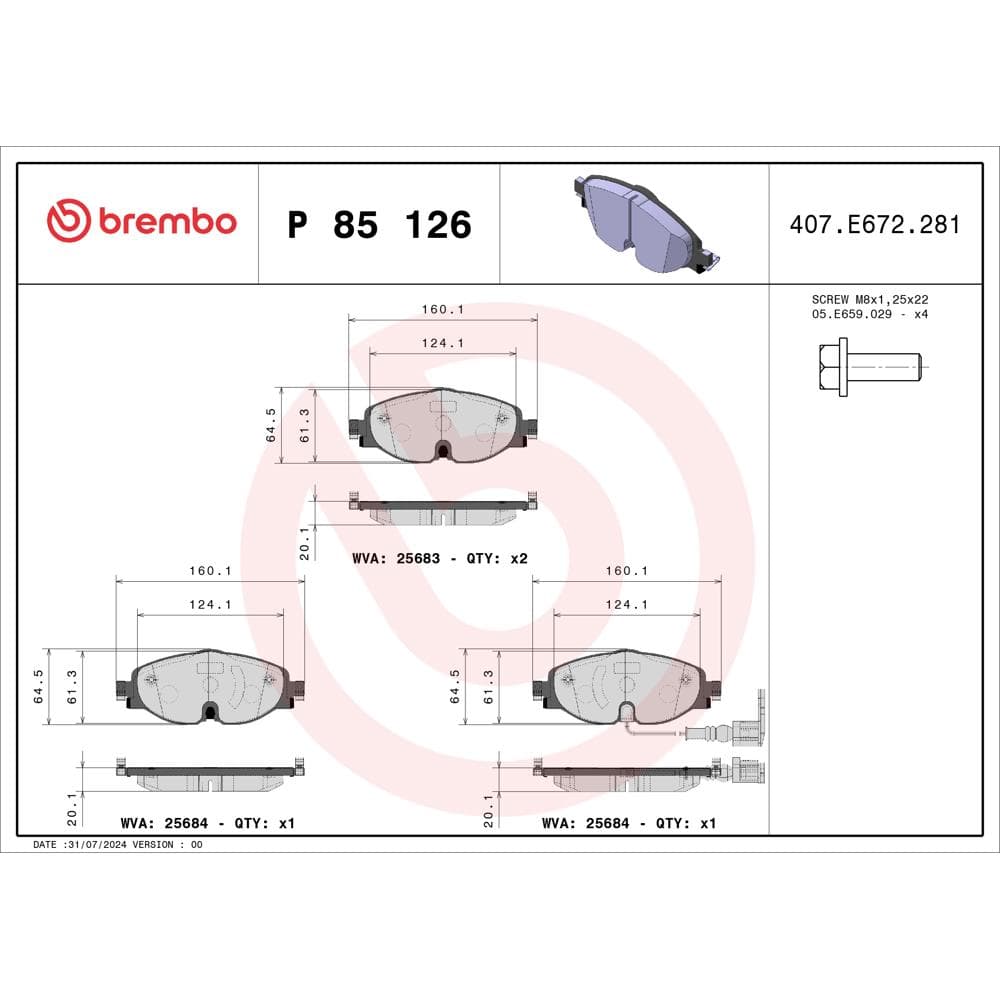 Set placute frana disc BREMBO P 85 126