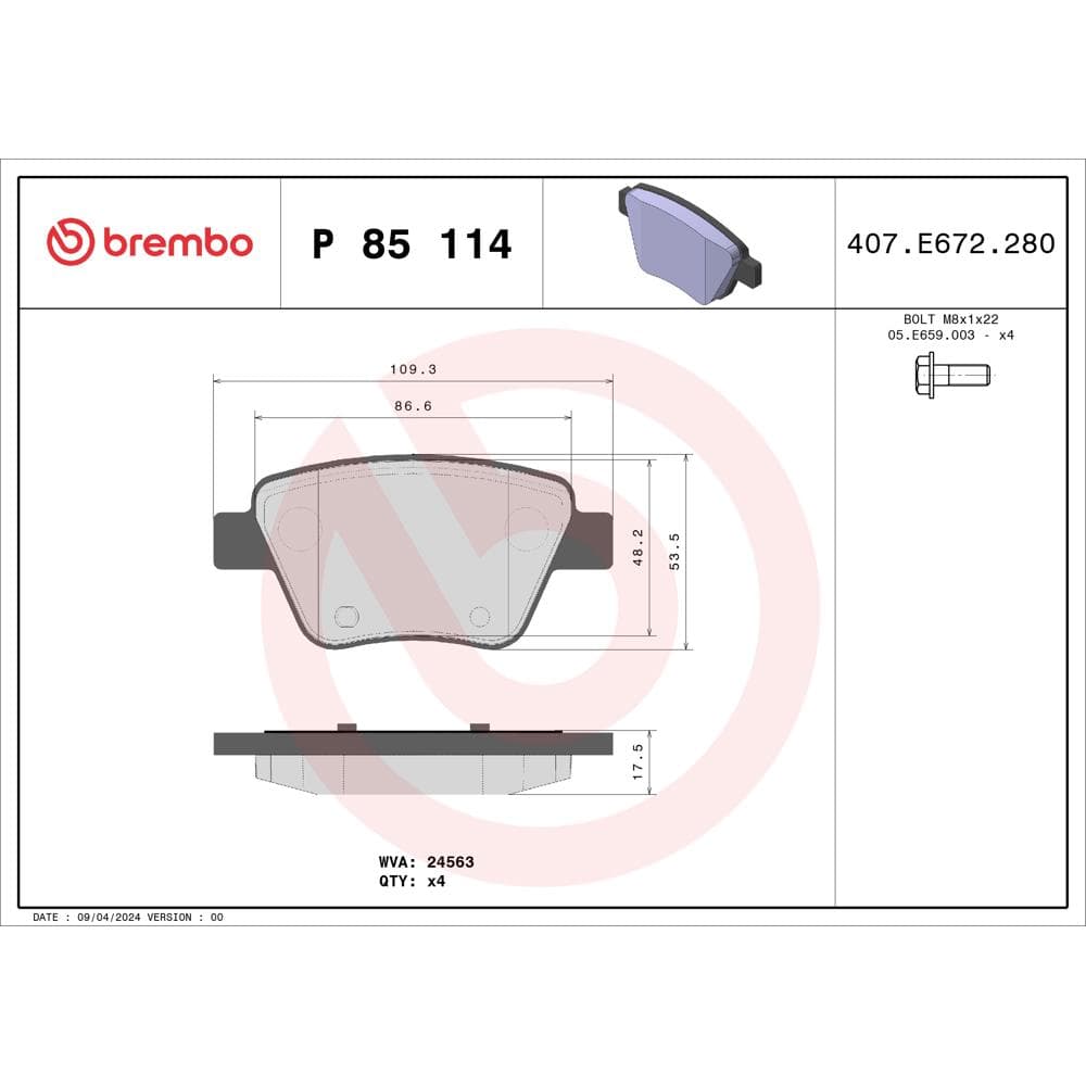 Set placute frana disc BREMBO P 85 114