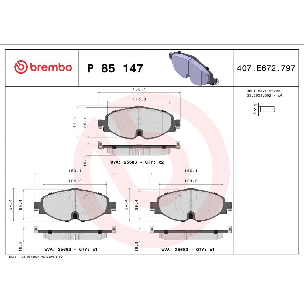 Set placute frana disc BREMBO P 85 147