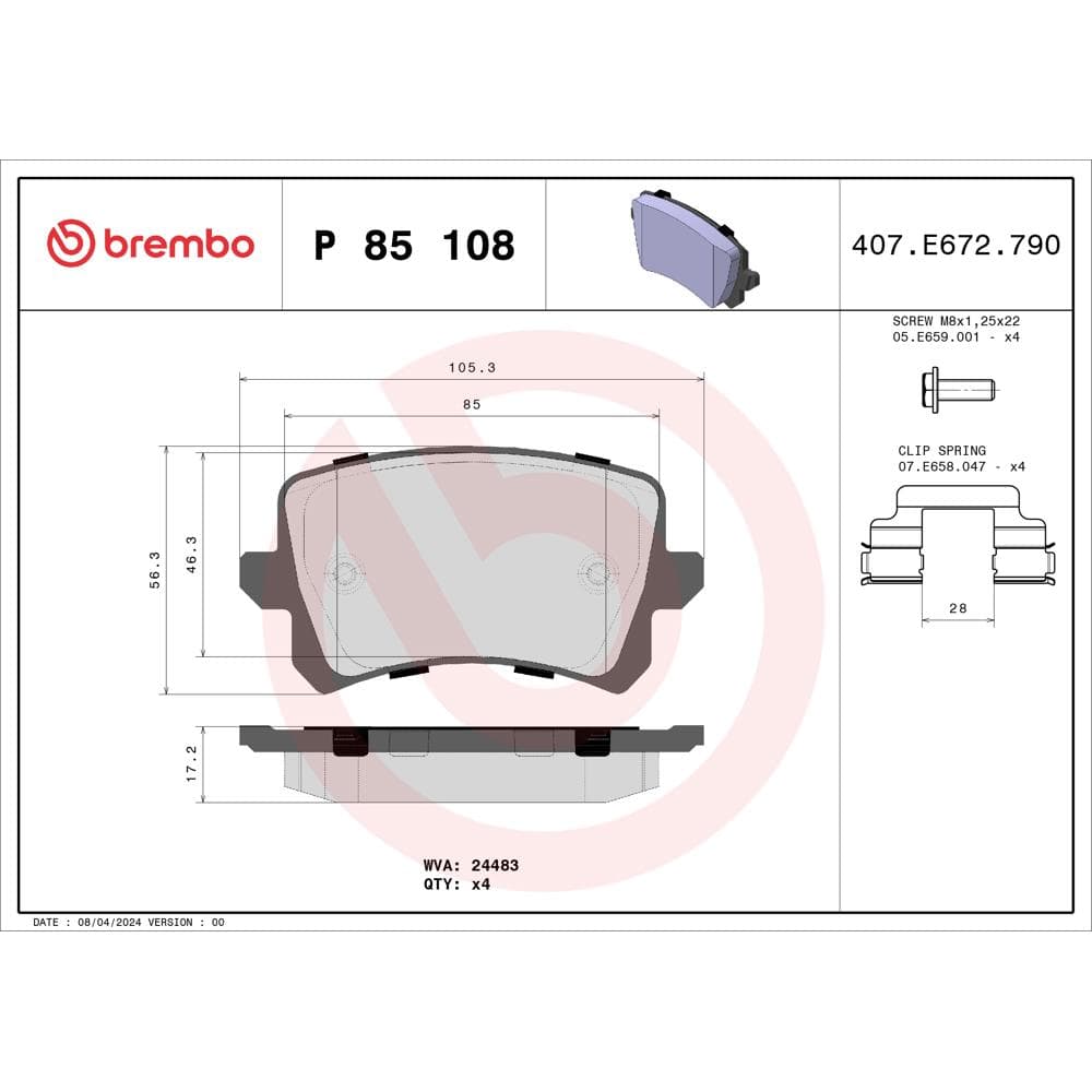 Set placute frana disc BREMBO P 85 108