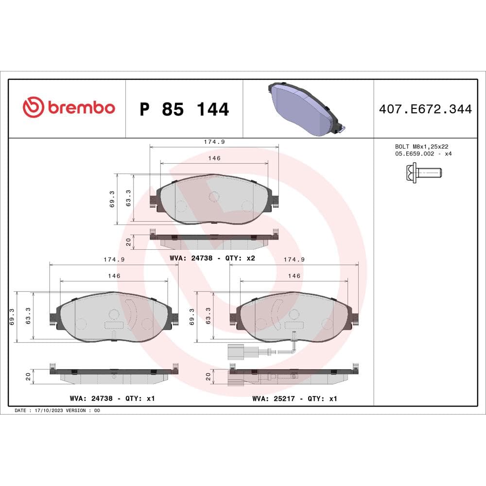 Set placute frana disc BREMBO P 85 144