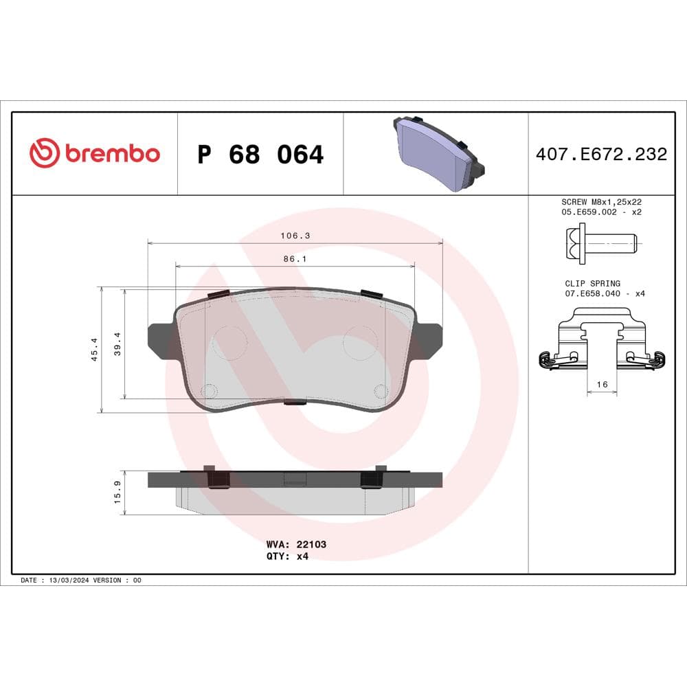 Set placute frana disc BREMBO P 68 064
