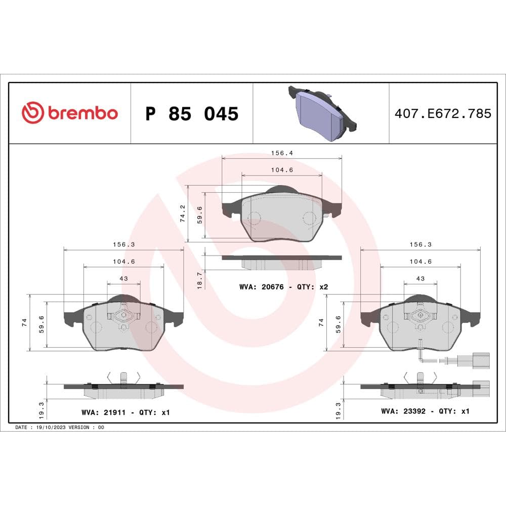 Set placute frana disc BREMBO P 85 045
