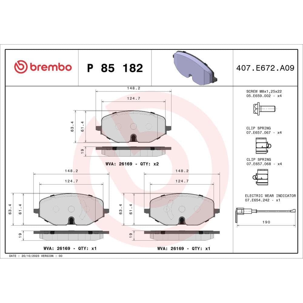 Set placute frana disc BREMBO P 85 182