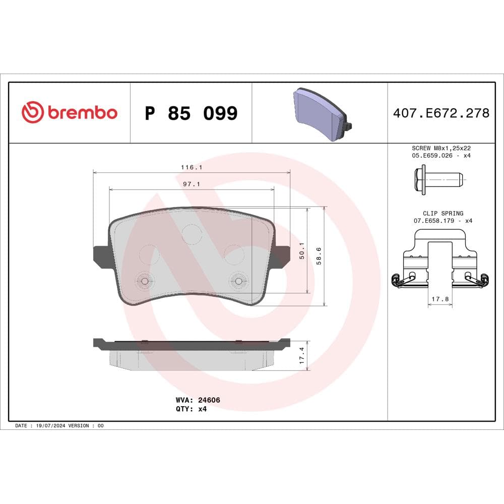 Set placute frana disc BREMBO P 85 099
