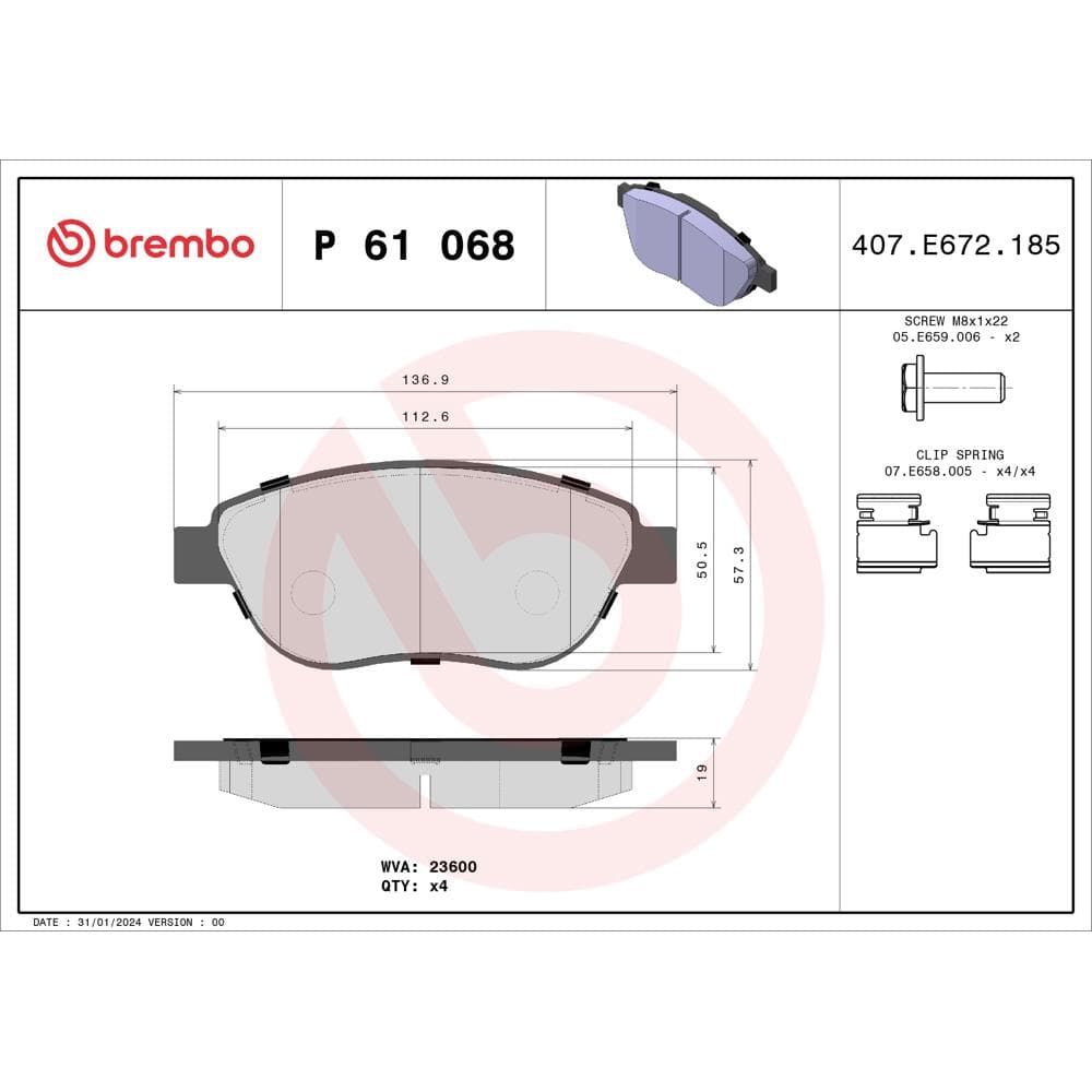 Set placute frana disc BREMBO P 61 068