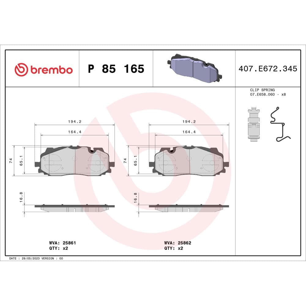 Set placute frana disc BREMBO P 85 165