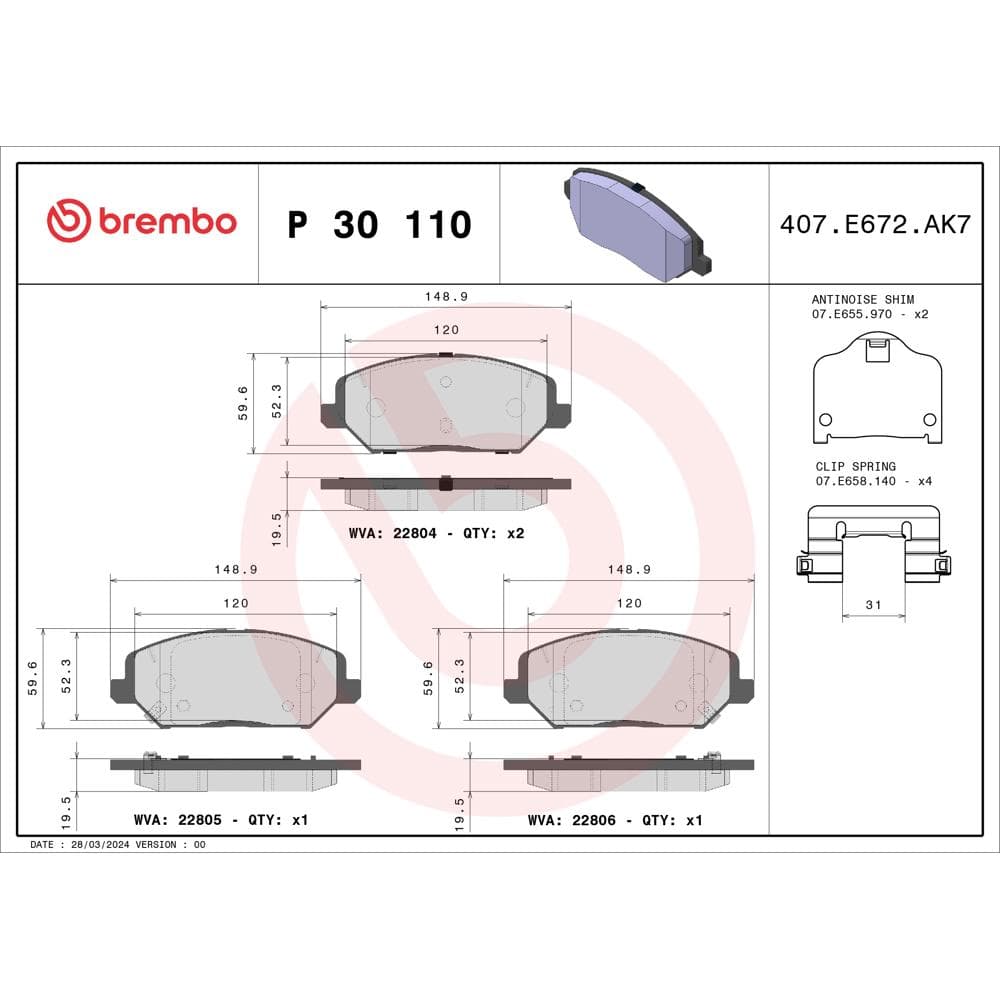 Set placute frana disc BREMBO P 30 110