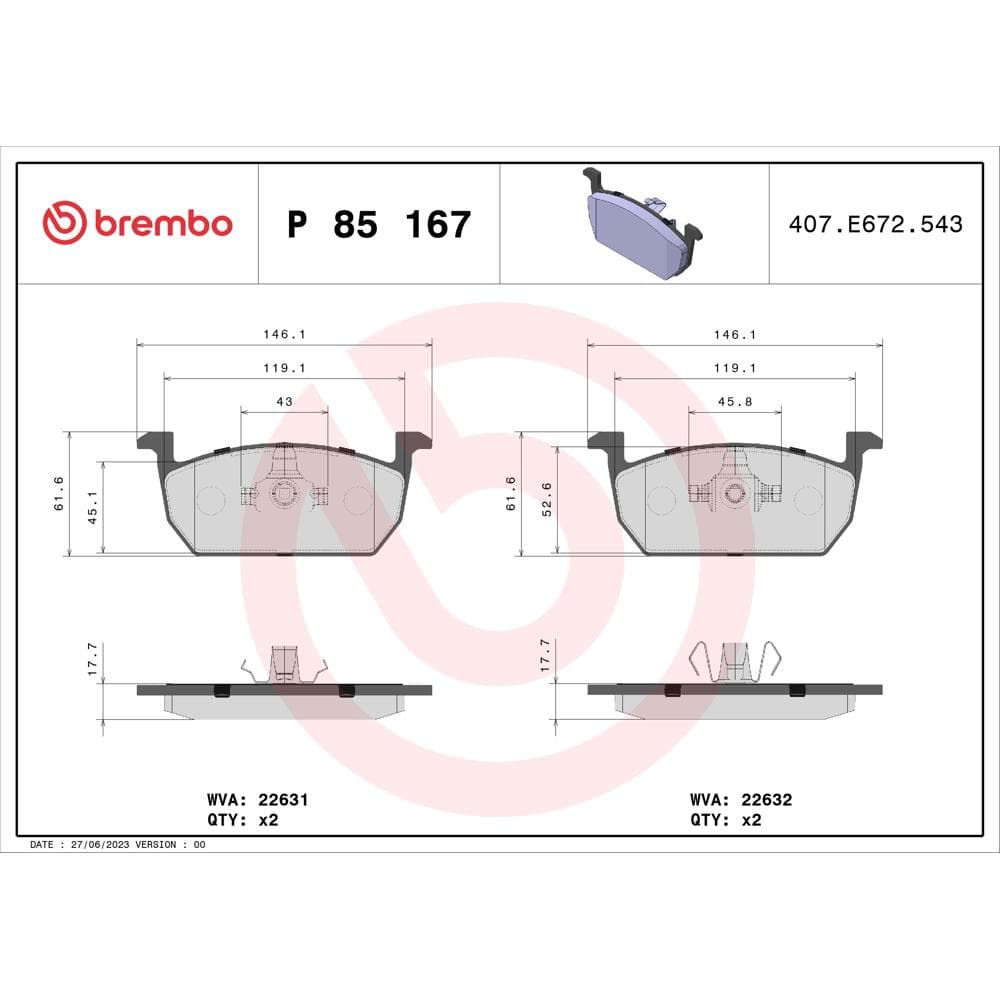 Set placute frana disc BREMBO P 85 167