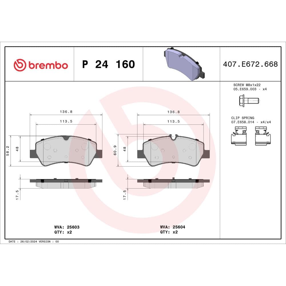 Set placute frana disc BREMBO P 24 160